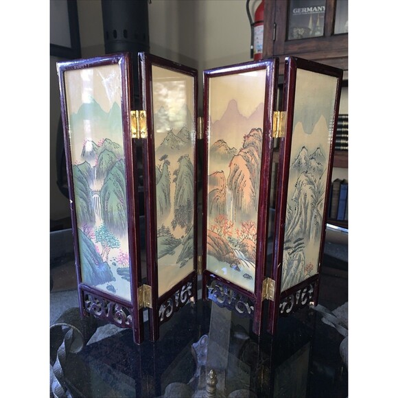Hand Painted Dual Scene Mini Chinese  Four Panel Silk Screen 12H x 4W” X 4Panels - Picture 13 of 14